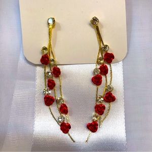 Red Rose Flower Tassel With Shiny Zircon Decor Dangle Earrings